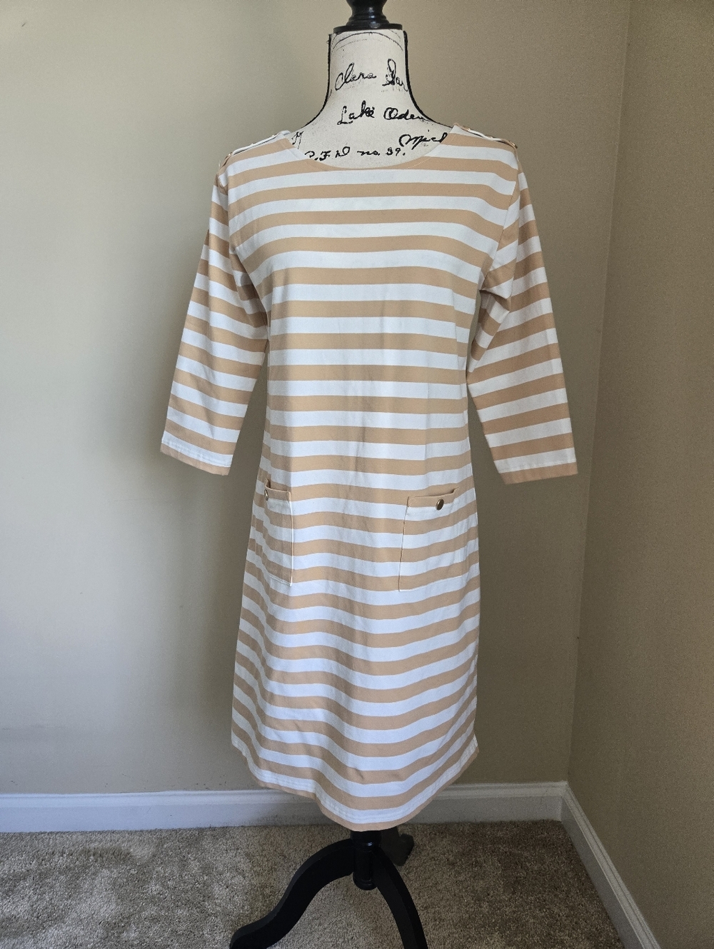 41 Hawthorn Dax Shift Dress Womens L Tan Stripe 3/4 Sleeve Jersey
